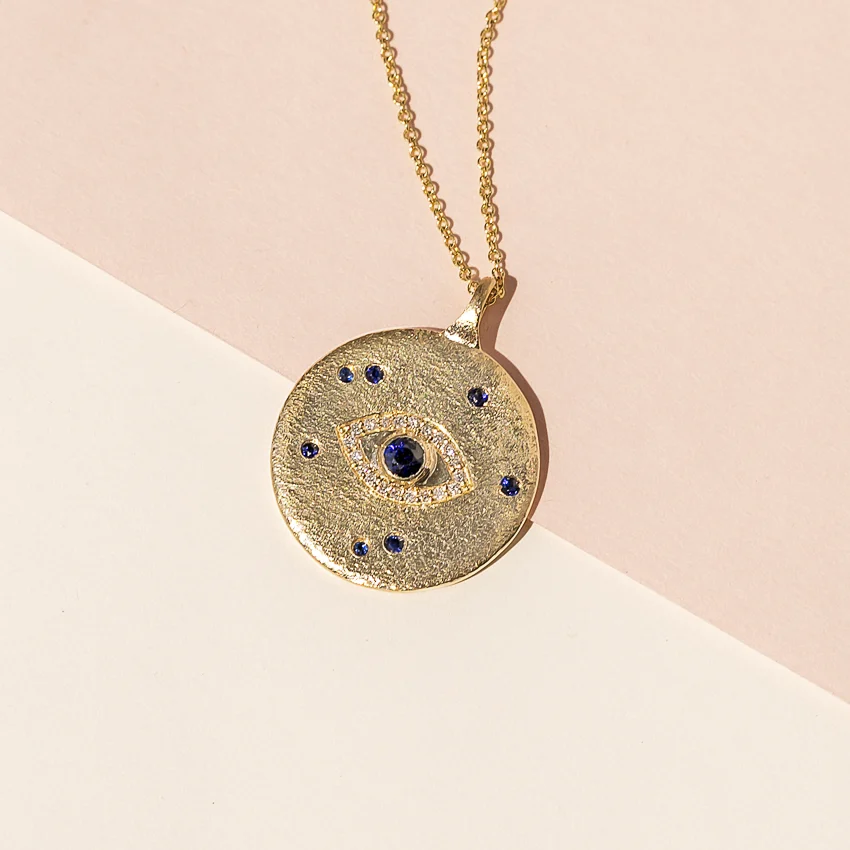 Evil Eye Sapphire and Diamond Medallion Necklace in 14K Yellow Gold - Image 2