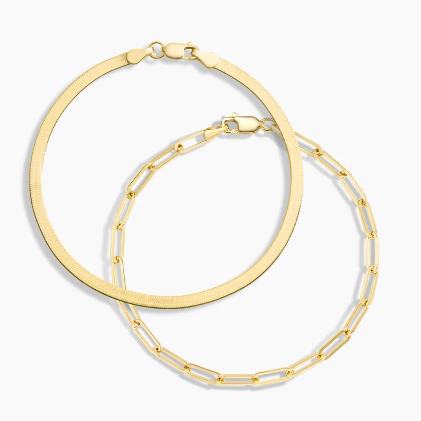 The Trendsetter Herringbone Paperclip Bracelet Set in 14K Yellow Gold