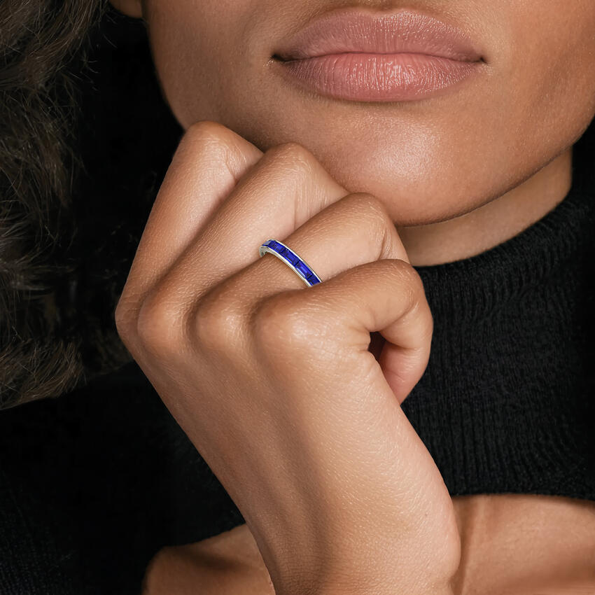 Channel Set Baguette Lab Sapphire Diamond Ring - Image 4